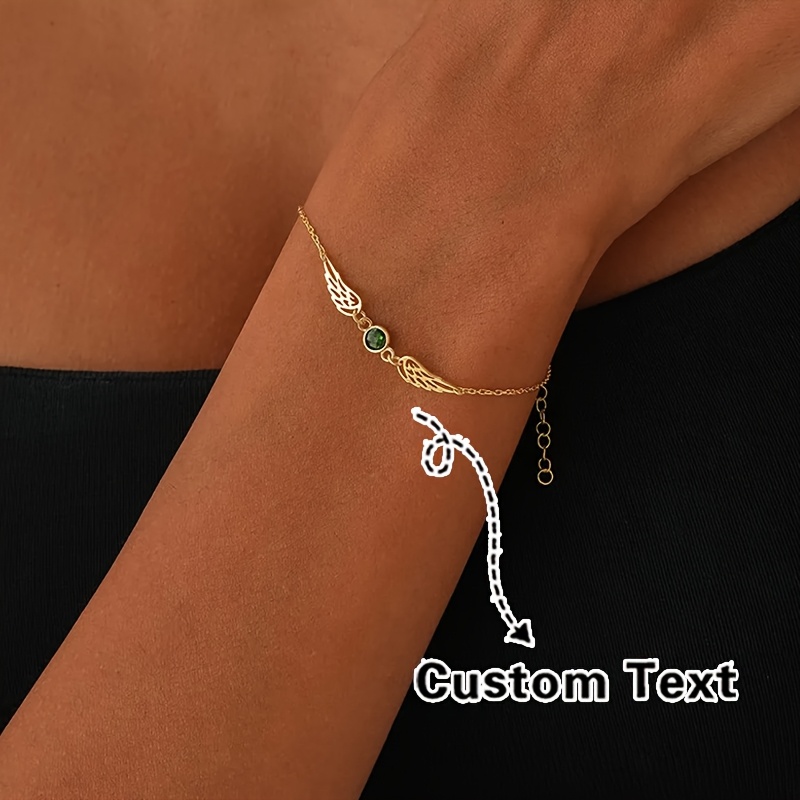 Custom Angel Wings Stainless Steel Bracelet with Birthstone